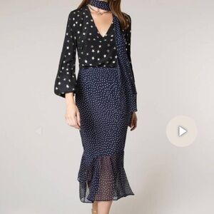 Rixo London Leandra Navy Polka Dot Midi Sheer Silk Skirt Size Large
